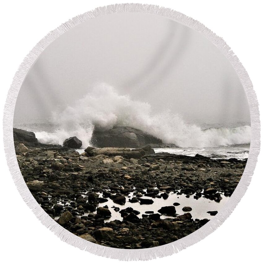 Ocean Round Beach Towel featuring the photograph Foggy Day at the coast by Lois Lepisto