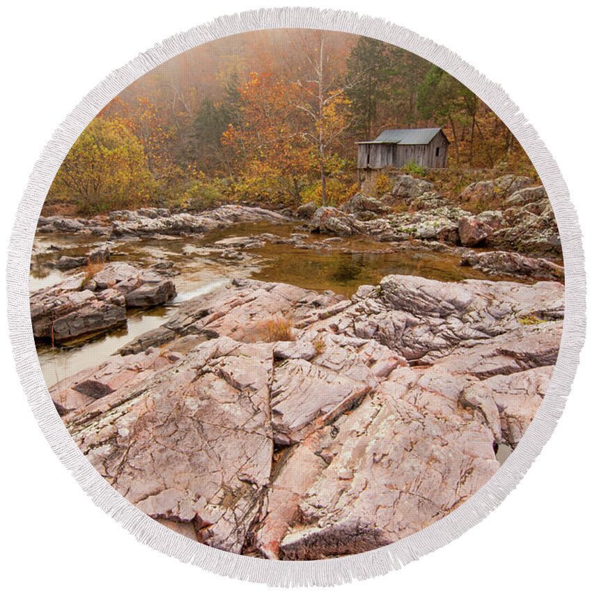 Missouri Round Beach Towel featuring the photograph Foggy Morning at Klepzig Mill by Steve Stuller