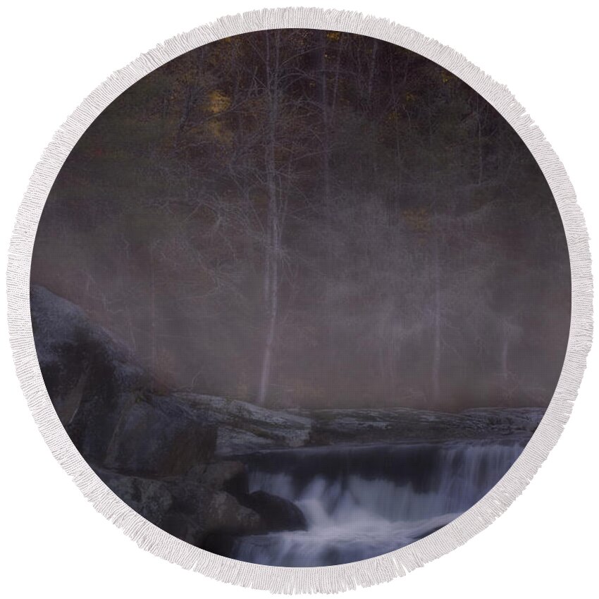 Autumn Round Beach Towel featuring the photograph Foggy Morning at Linville Falls by Ellen Heaverlo