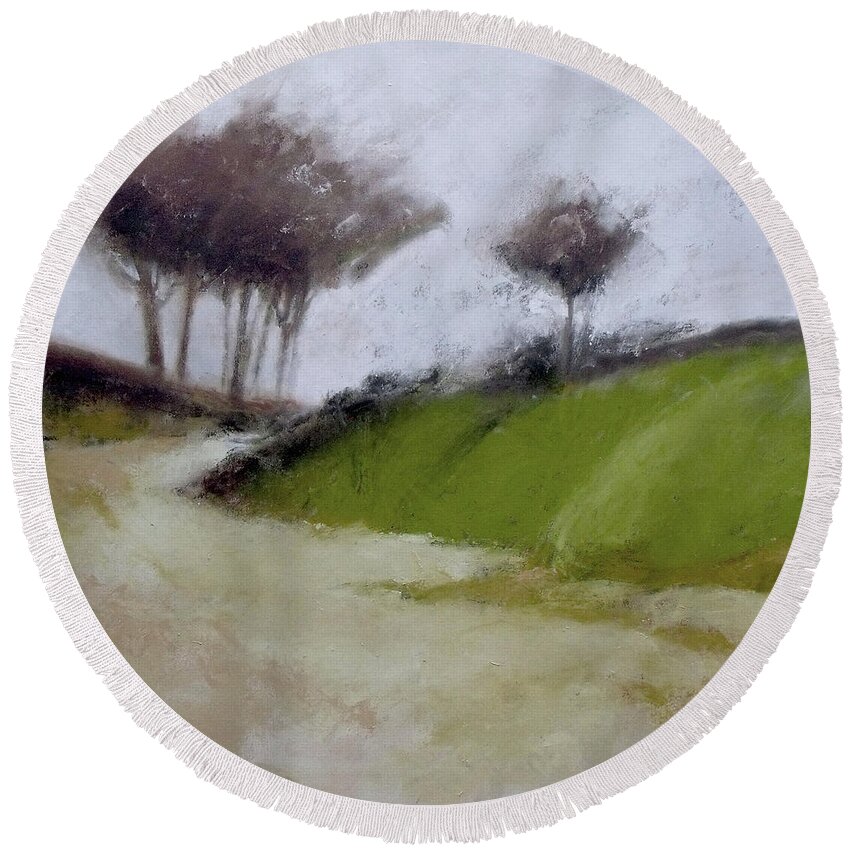 Trees Round Beach Towel featuring the painting Foggy Path by Mary Hubley