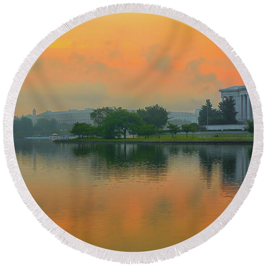 Architecture Round Beach Towel featuring the photograph Foggy Sunrise at the TIdal Basin by Dennis Kowalewski