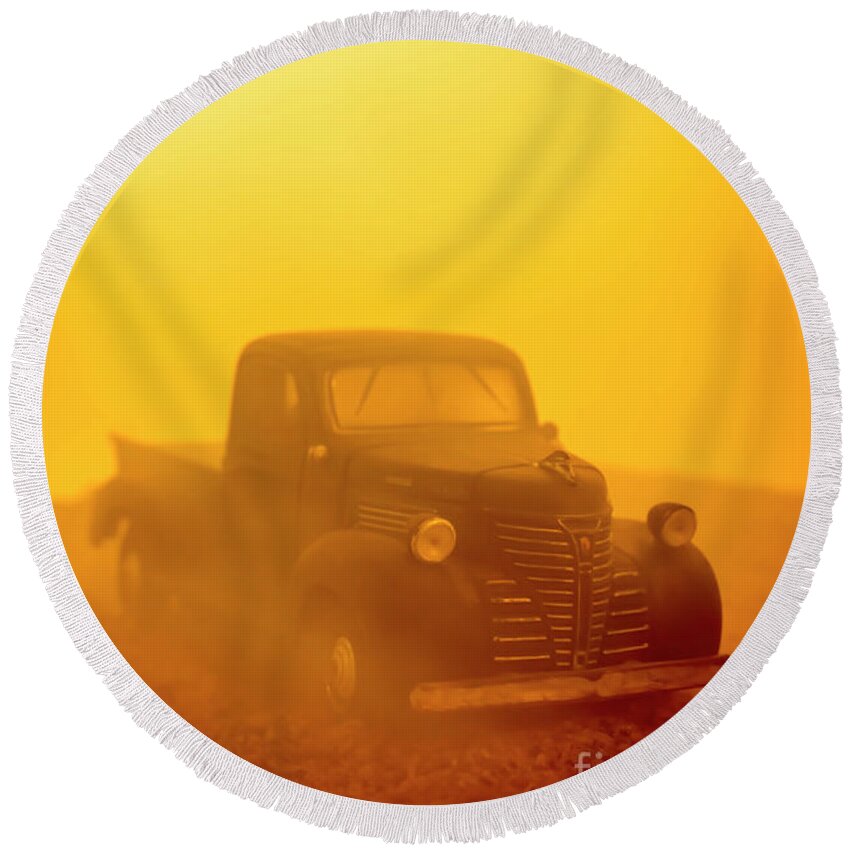 Foggy Round Beach Towel featuring the photograph Foggy Sunrise Old Truck by Edward Fielding