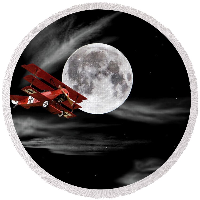 Endre Round Beach Towel featuring the photograph Fokker Flying In Front Of The Moon by Endre Balogh
