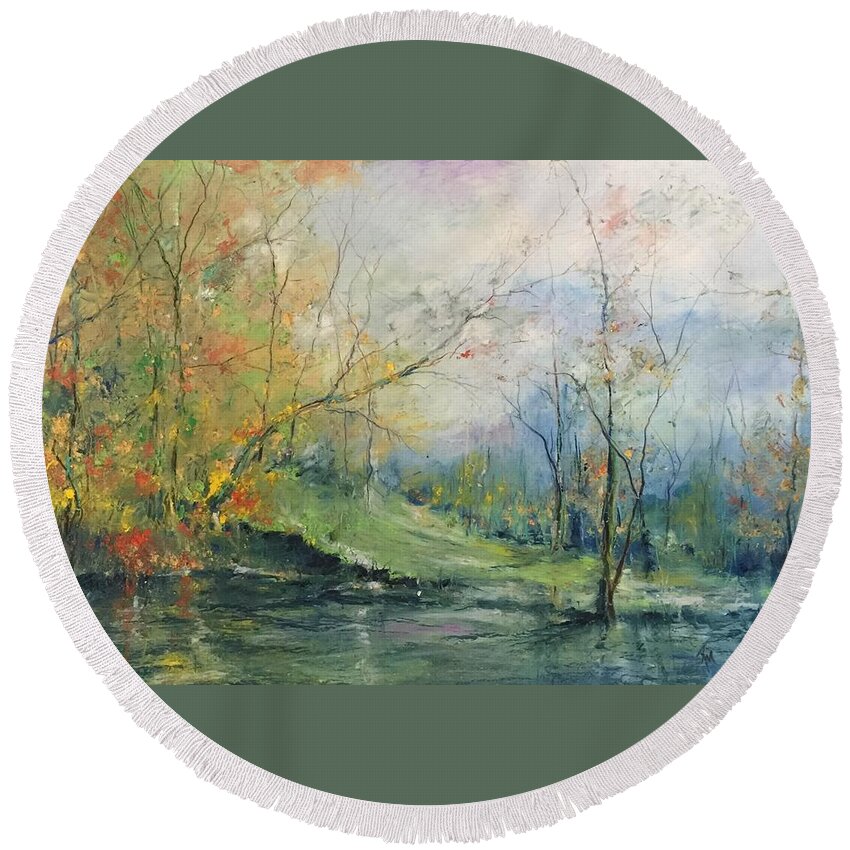 Autumn Round Beach Towel featuring the painting Foliage Flames on the River by Robin Miller-Bookhout