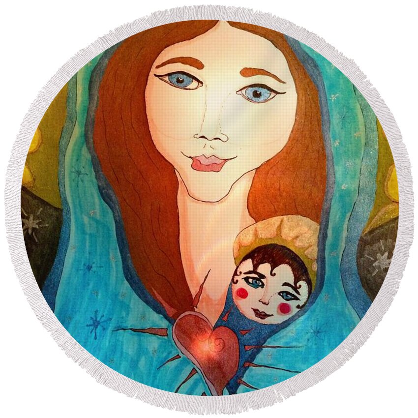 Mother Round Beach Towel featuring the painting Folk mother and child by Christine Paris