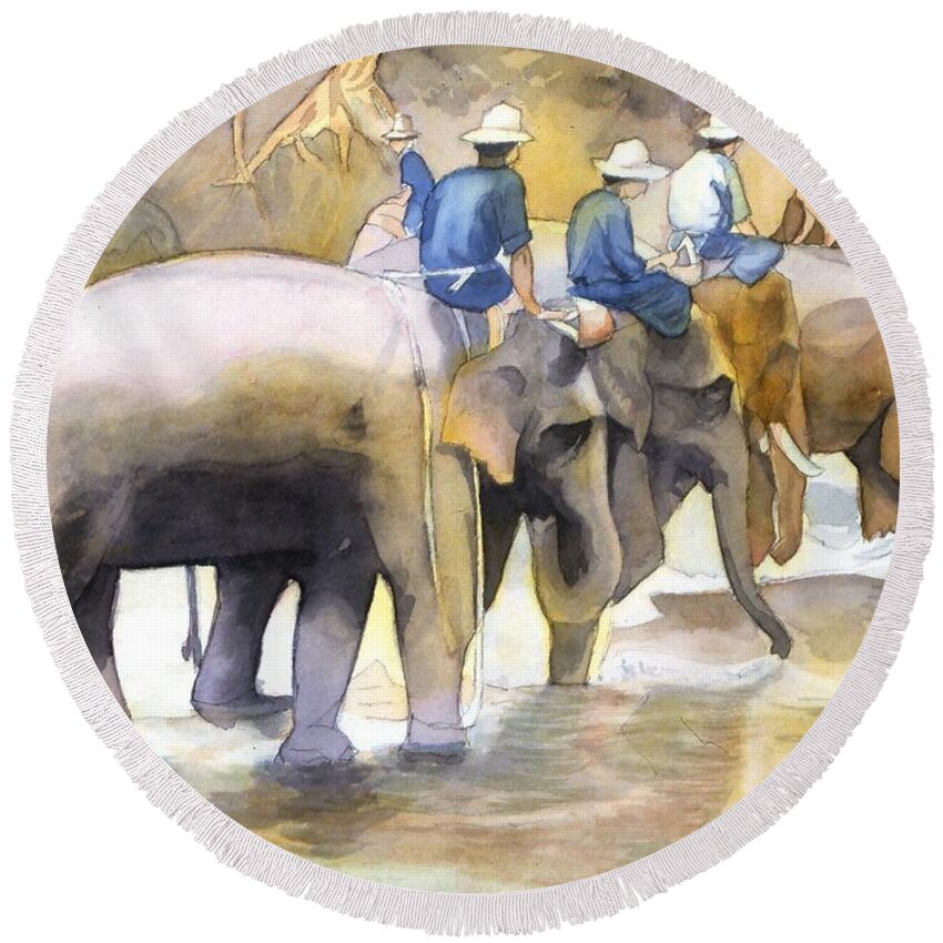 Elephants Round Beach Towel featuring the painting Follow the Leader by Yolanda Koh