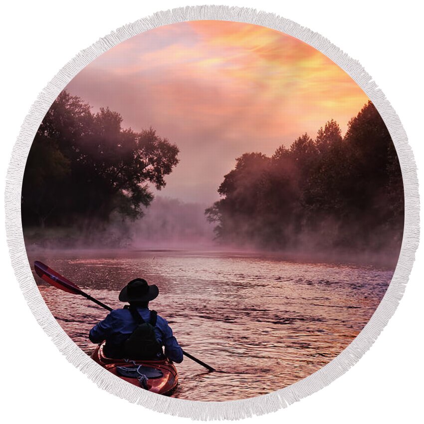 Kayak Round Beach Towel featuring the photograph Following the Light by Robert Charity