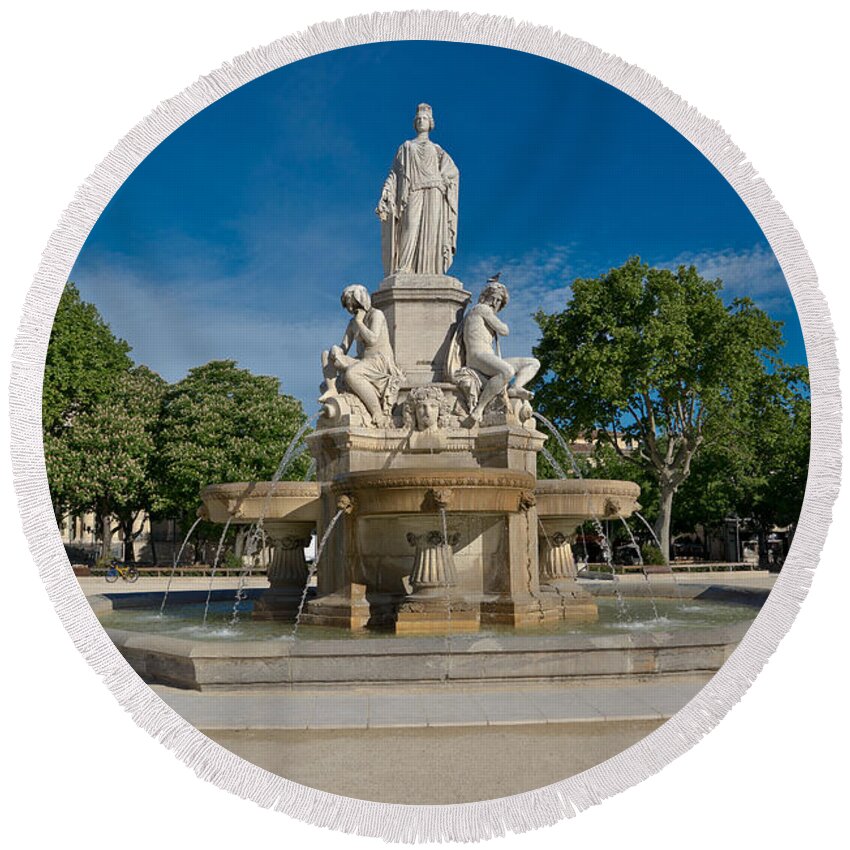 Fountain Round Beach Towel featuring the sculpture Fontaine de Pradier by Scott Carruthers