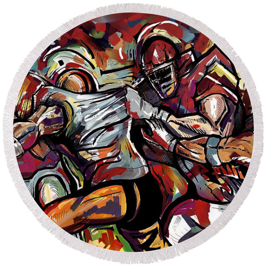 Football Round Beach Towel featuring the painting FootBall Frawl by John Gholson