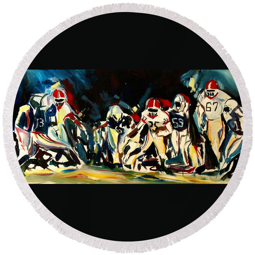  Round Beach Towel featuring the painting Football Night by John Gholson