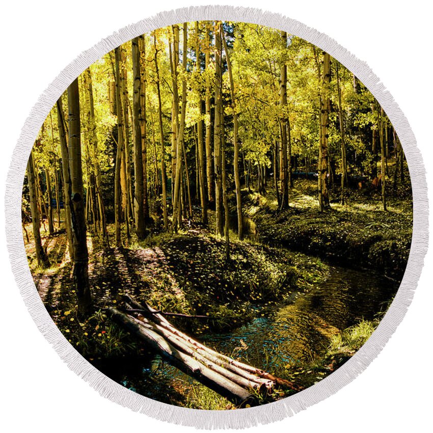 Aspen Round Beach Towel featuring the photograph Footbridge in the Aspen Forest by David Soldano