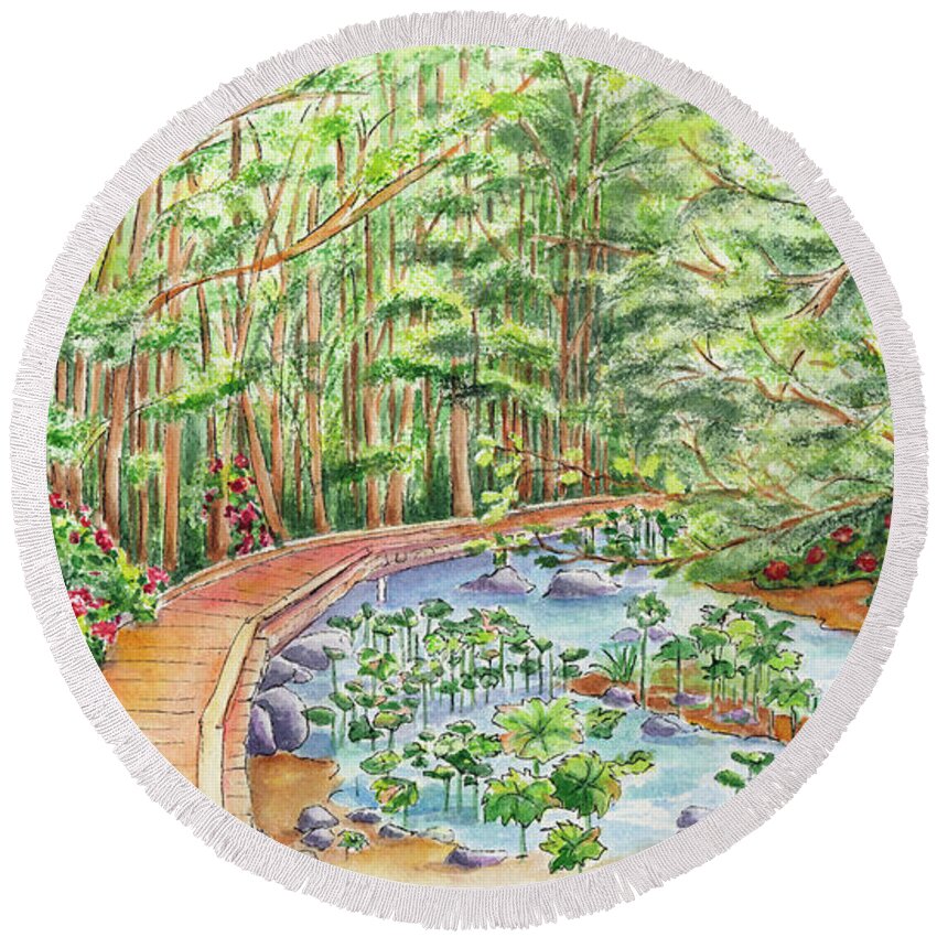 Lithia Park Round Beach Towel featuring the painting Footbridge by Lori Taylor