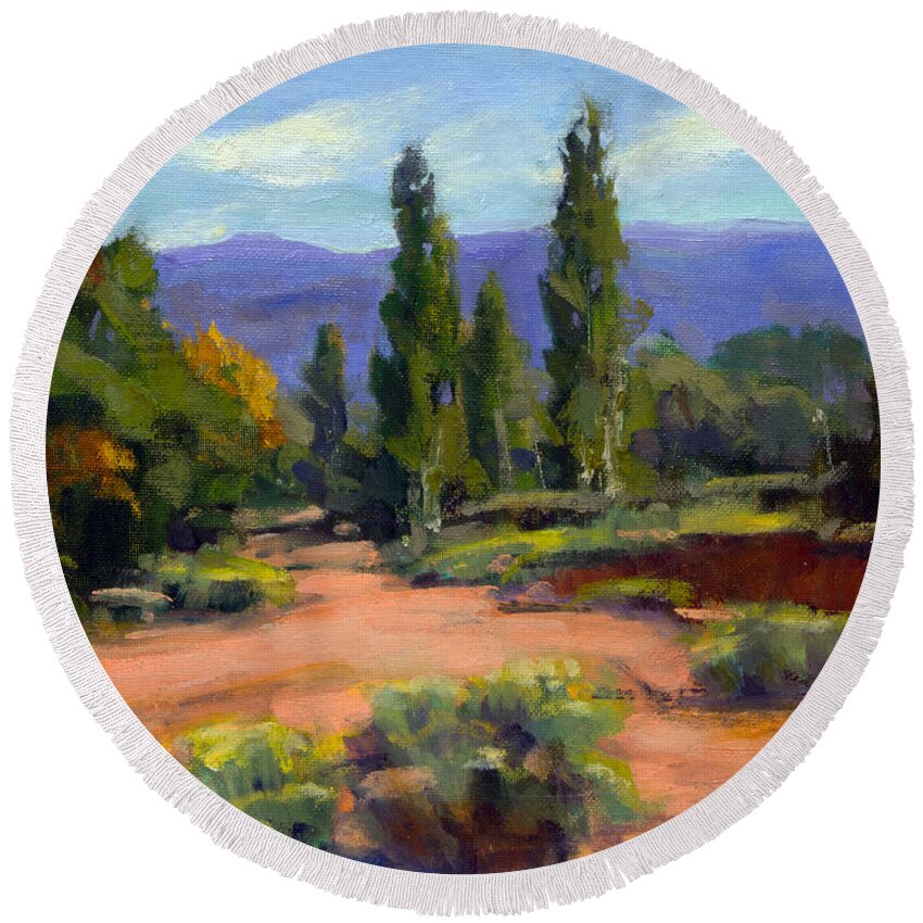 Landscape Round Beach Towel featuring the painting Ancient but Beautiful by Maria Hunt