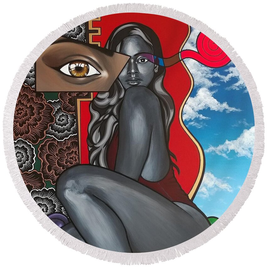 Graphic Round Beach Towel featuring the painting Forbidden by Bryon Stewart