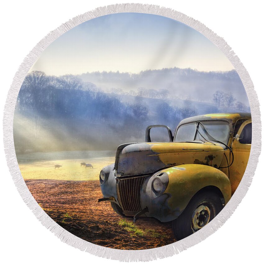 Appalachia Round Beach Towel featuring the photograph Ford in the Fog by Debra and Dave Vanderlaan