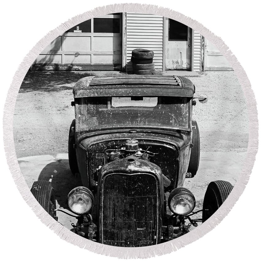 Hot Rod Round Beach Towel featuring the photograph Ford Low-Boy by Christopher McKenzie