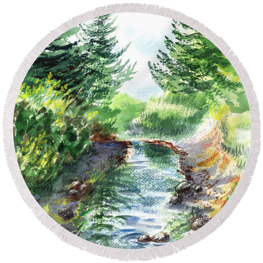 Forest Creek Round Beach Towel featuring the painting Forest Creek by Irina Sztukowski