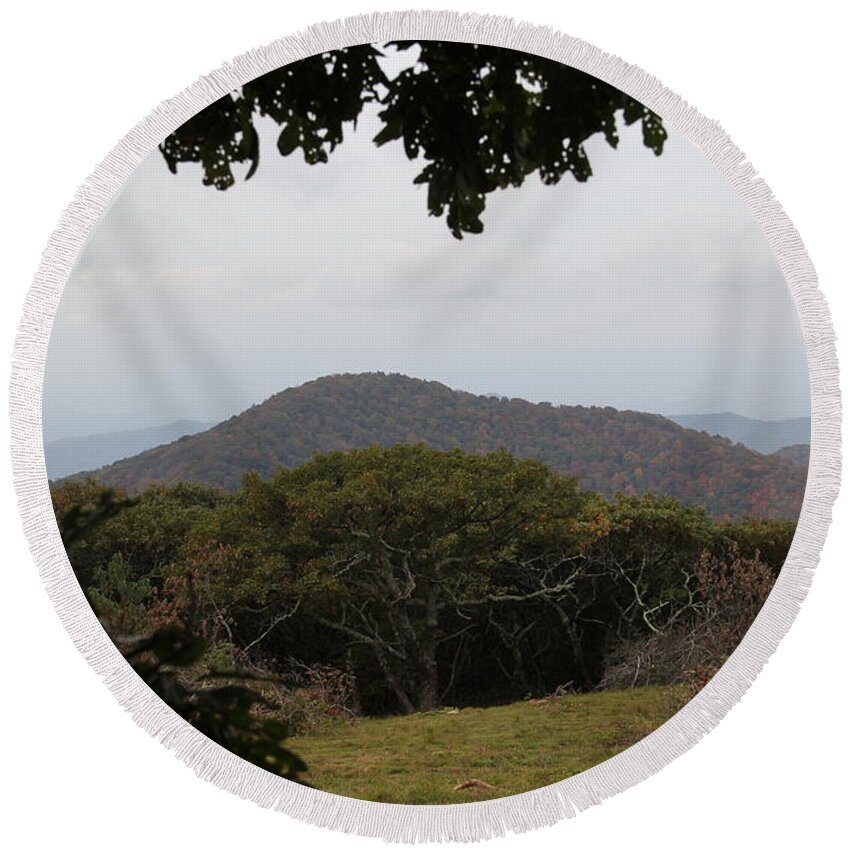 Mountains Round Beach Towel featuring the photograph Forest Dark Space by Allen Nice-Webb