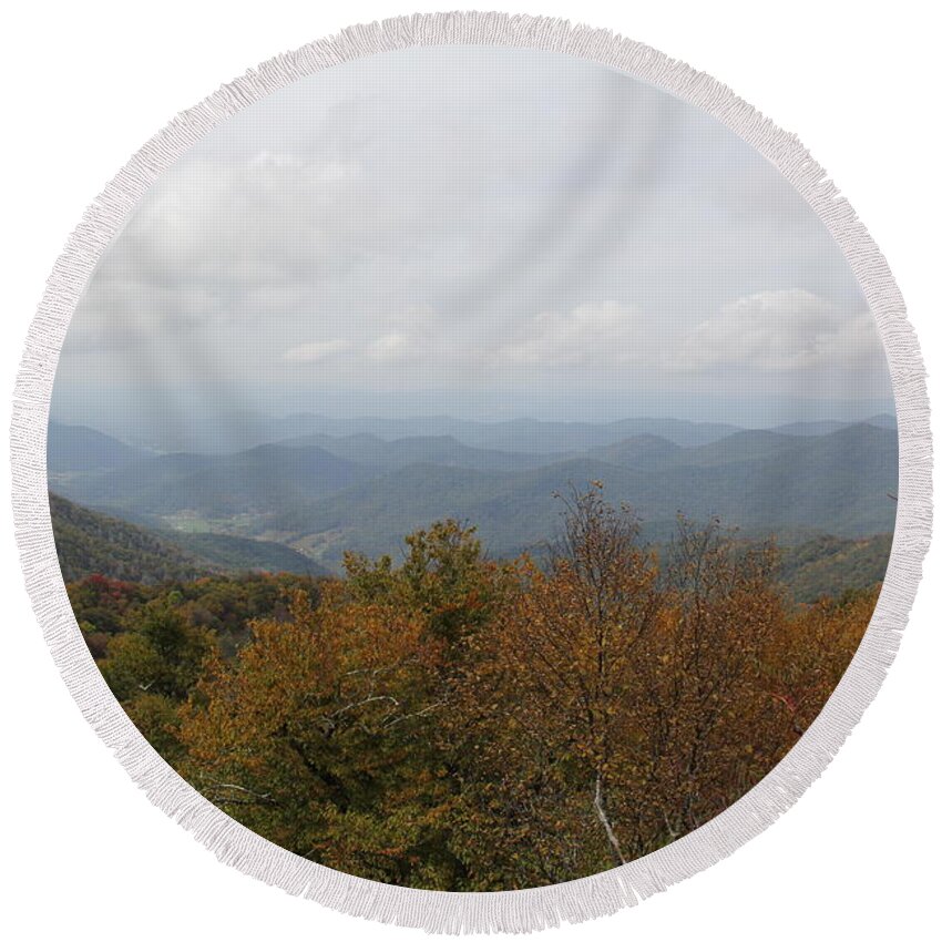 Mountain Top Round Beach Towel featuring the photograph Forest Landscape View by Allen Nice-Webb