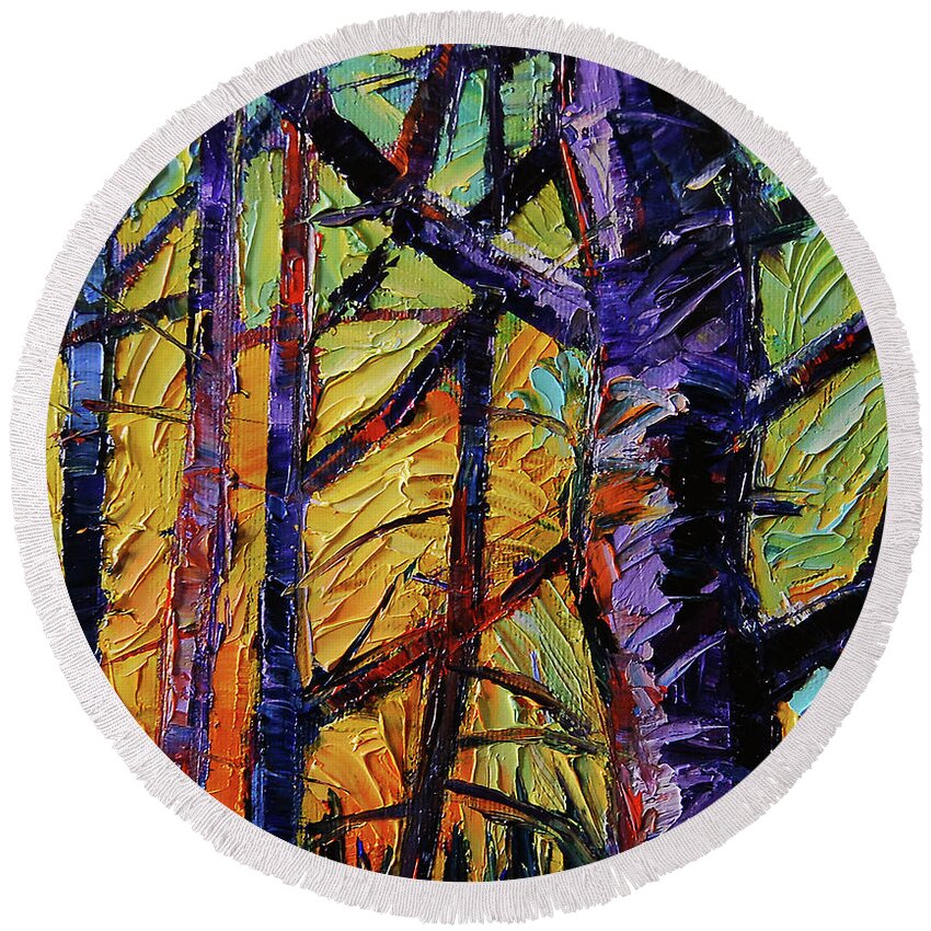 Layer Round Beach Towel featuring the painting Forest layers 2 - modern impressionist palette knives oil painting by Mona Edulesco