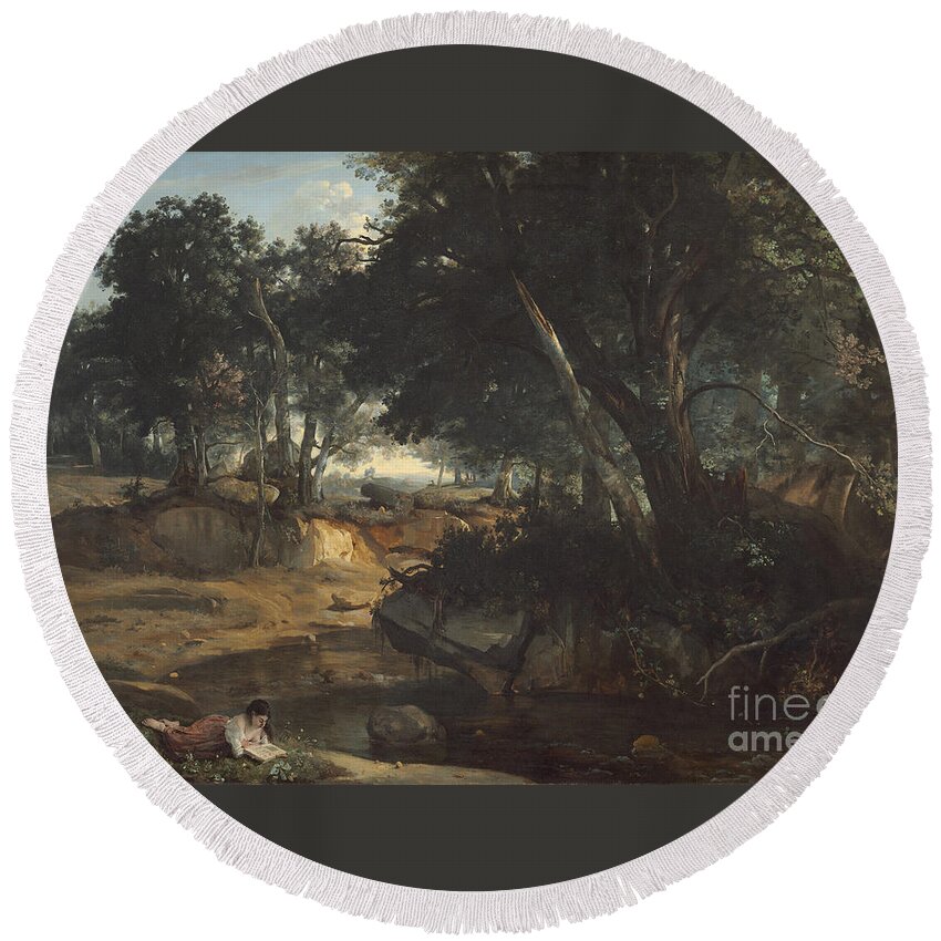 Jean-baptiste-camille Corot Round Beach Towel featuring the painting Forest Of Fontainebleau by Jean-baptiste-camille Corot