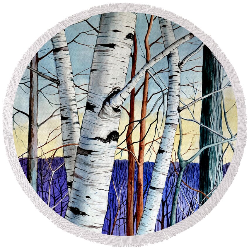 Birch Round Beach Towel featuring the painting Forest of trees by Christopher Shellhammer