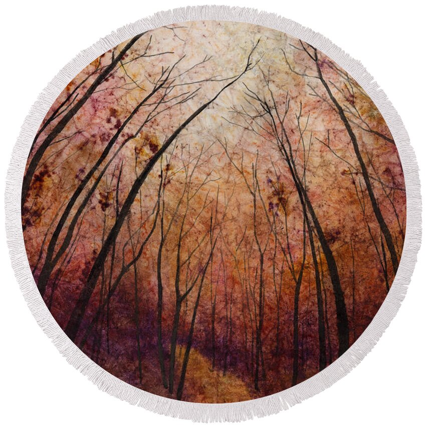 Path Round Beach Towel featuring the painting Forest Path by Hailey E Herrera