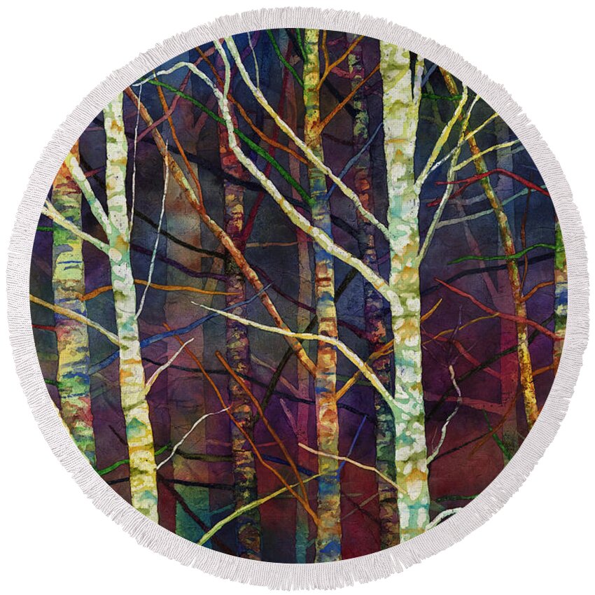 Birch Round Beach Towel featuring the painting Forest Rhythm by Hailey E Herrera