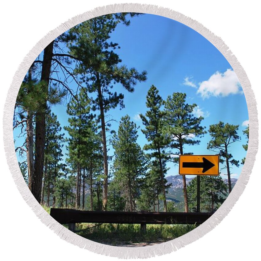 Tree Round Beach Towel featuring the photograph Forest Road - Keep Right Sign by Matt Quest