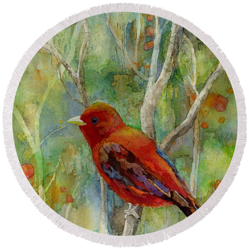 Redbird Round Beach Towel featuring the painting Forest Serenity by Hailey E Herrera