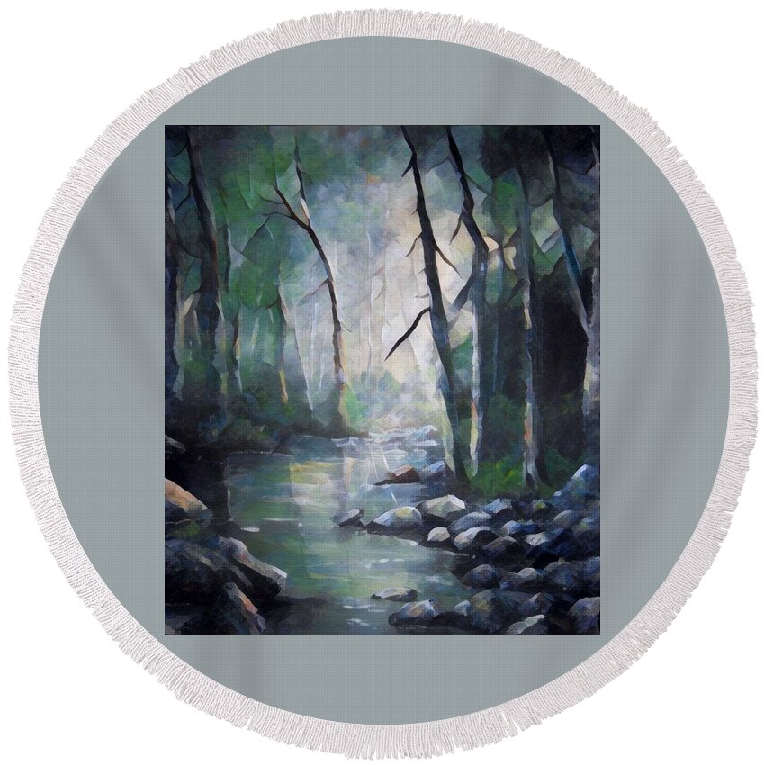 Landscapes Round Beach Towel featuring the painting Forest stream digital by Megan Walsh