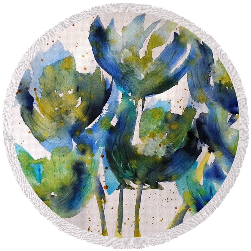 Floral Round Beach Towel featuring the painting Forever Loving blue by Kim Shuckhart Gunns