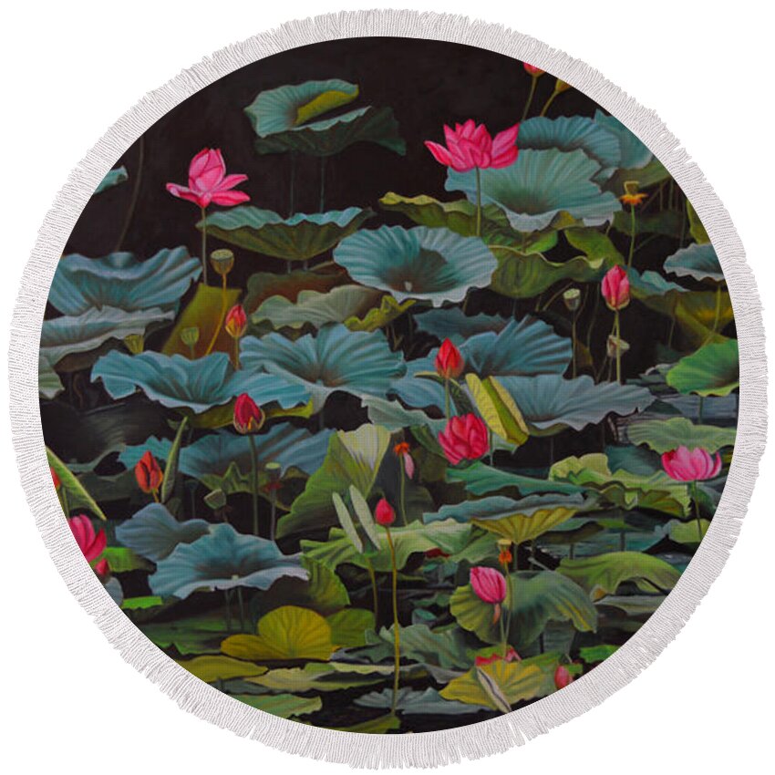 Lily Pad Round Beach Towel featuring the painting Forever Summer by Thu Nguyen