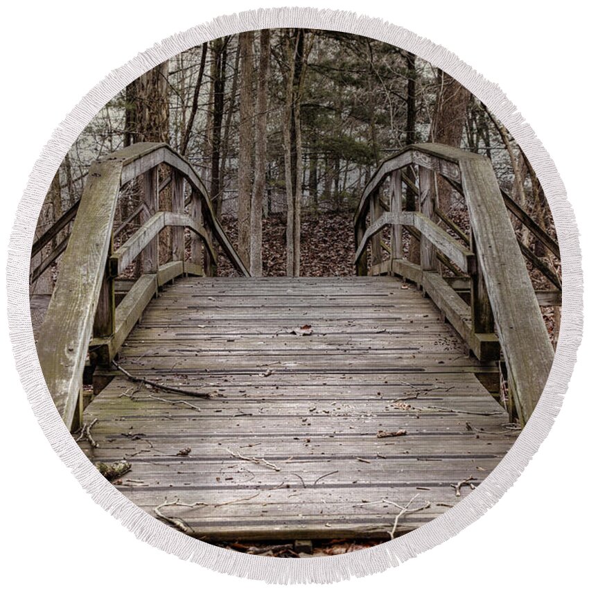 Nature Round Beach Towel featuring the photograph Forgotten Footbridge by Sharon McConnell