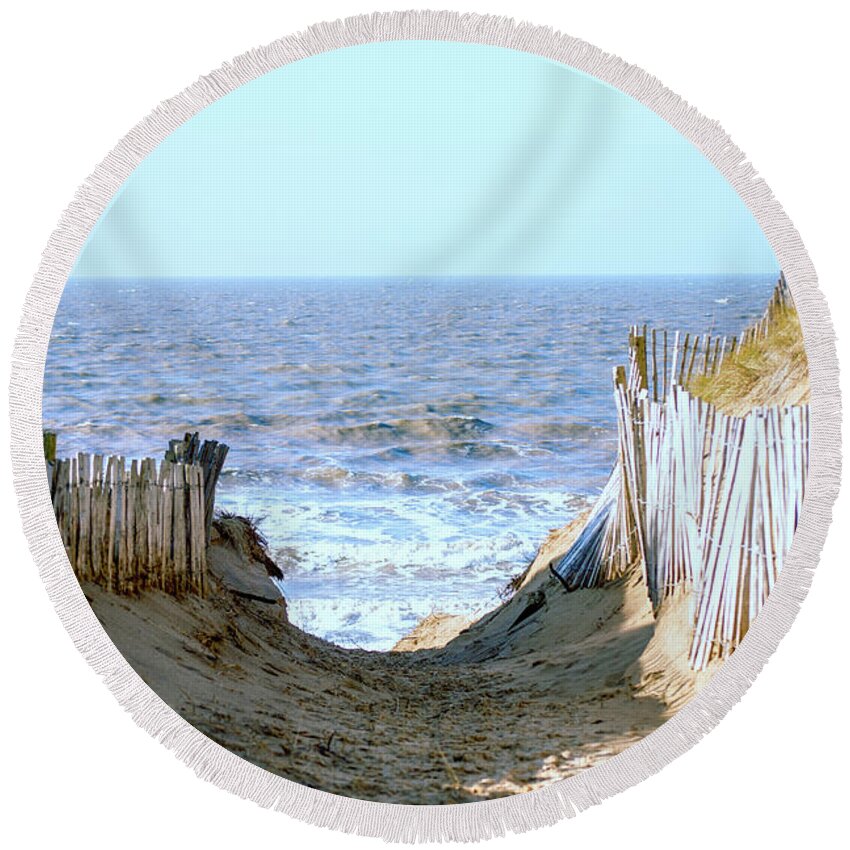 Formby Round Beach Towel featuring the photograph Formby Beach pathway to the sea by Spikey Mouse Photography