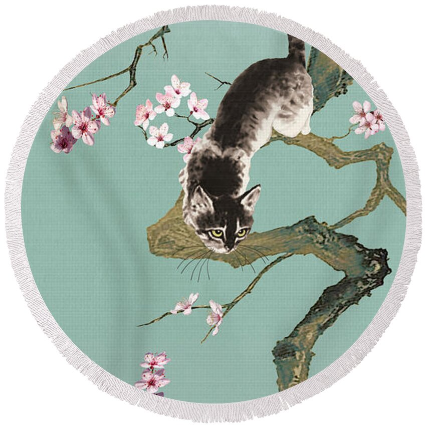 Art Round Beach Towel featuring the digital art Fortune Cat in Cherry Tree by M Spadecaller