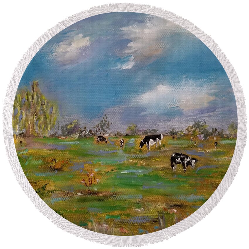 Cows Round Beach Towel featuring the painting Forty Acres by Judith Rhue
