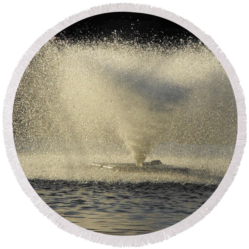 Illusion Round Beach Towel featuring the photograph Fountain Tornado Illuminating the Shadow by Michael Oceanofwisdom Bidwell