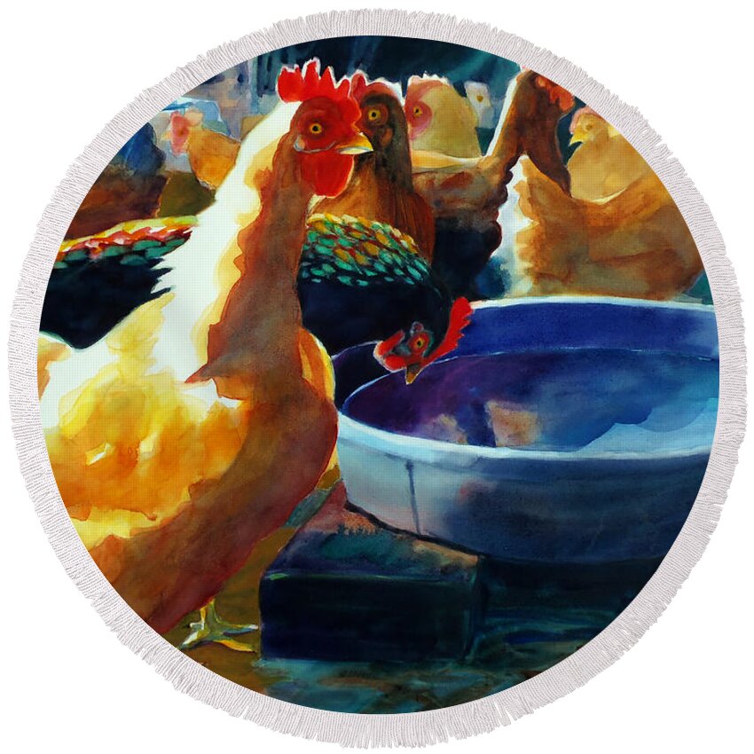 Paintings Round Beach Towel featuring the painting Four Clucks by Kathy Braud