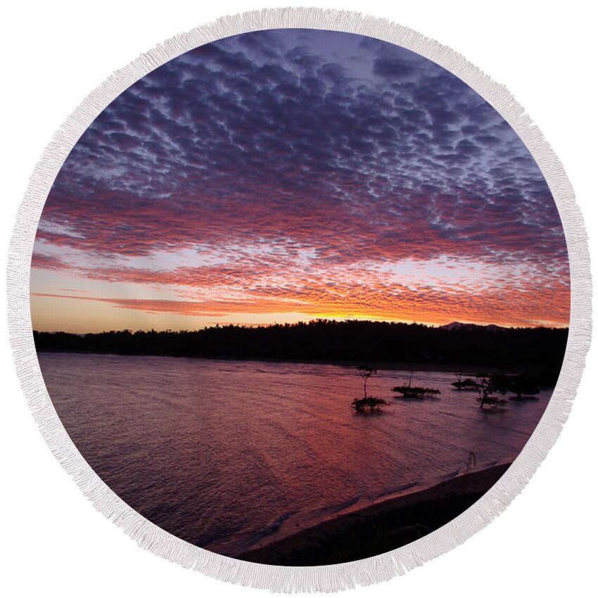 Landscape Round Beach Towel featuring the photograph Four Elements Sunset Sequence 1 Coconuts Qld by Kerryn Madsen - Pietsch