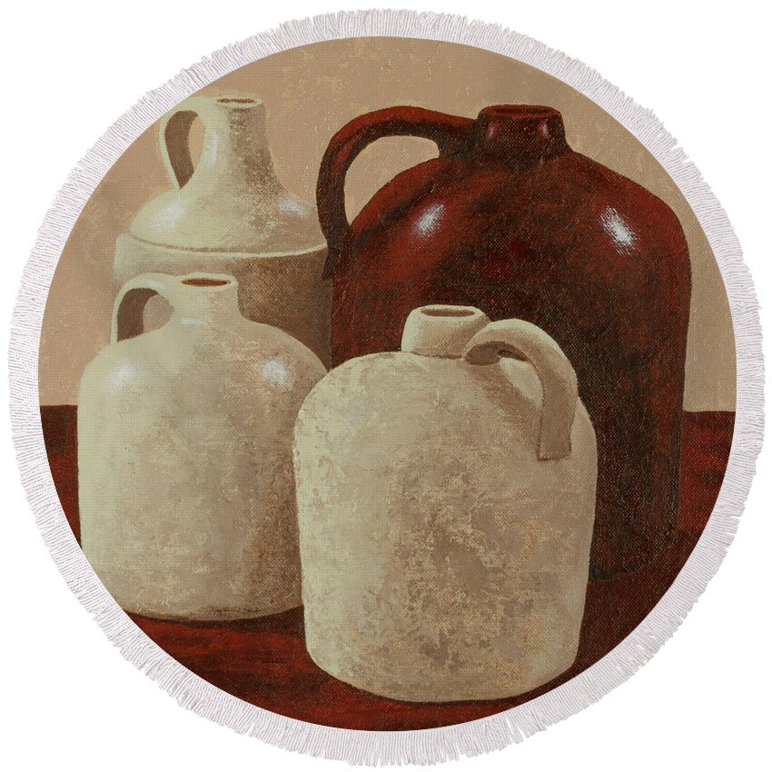 Jugs Round Beach Towel featuring the painting Four Jugs by Garry McMichael