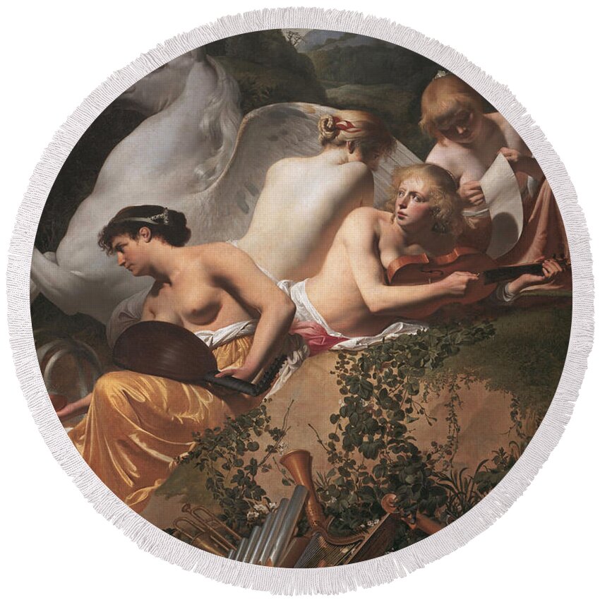 Caesar Van Everdingen Round Beach Towel featuring the painting Four Muses and Pegasus by Caesar van Everdingen