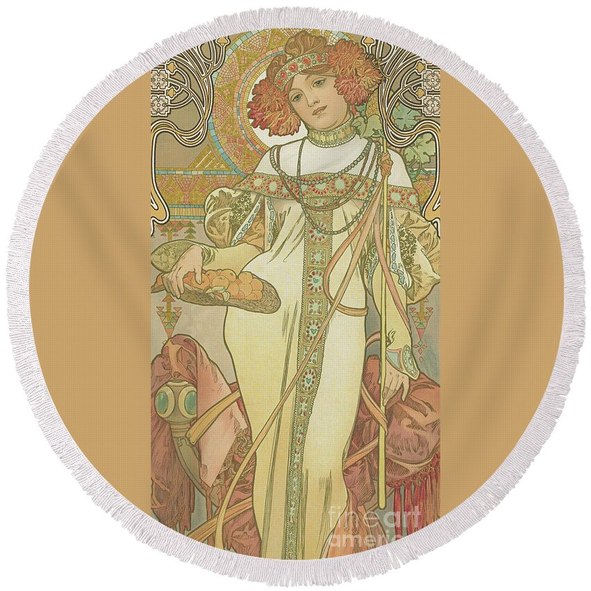 Autumn Round Beach Towel featuring the painting Four Seasons Autumn, 1900 by Alphonse Marie Mucha
