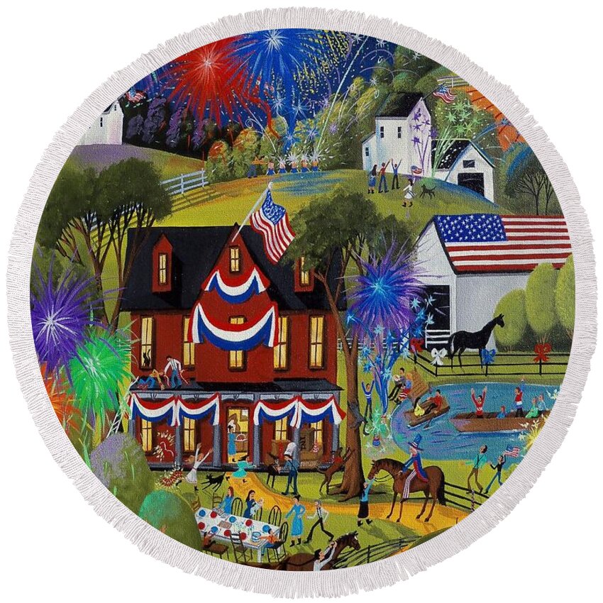 Farm Round Beach Towel featuring the painting Fourth Of July - Fireworks on the farm by Debbie Criswell