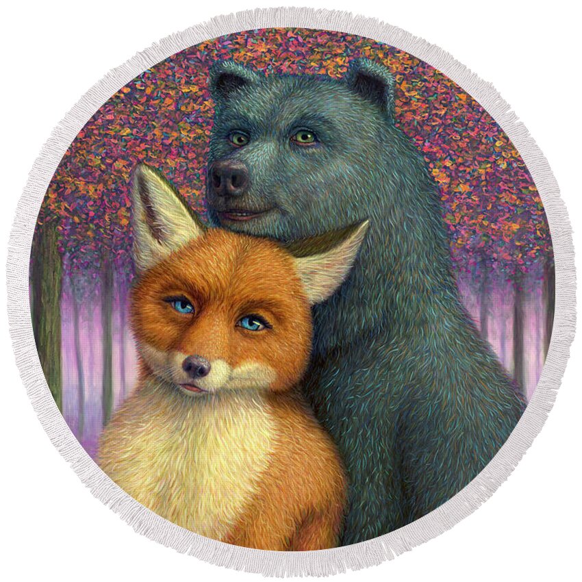Couple Round Beach Towel featuring the painting Fox and Bear Couple by James W Johnson