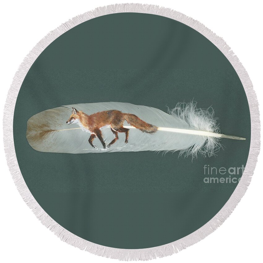 Fox Round Beach Towel featuring the painting Fox Feather by Brandy Woods