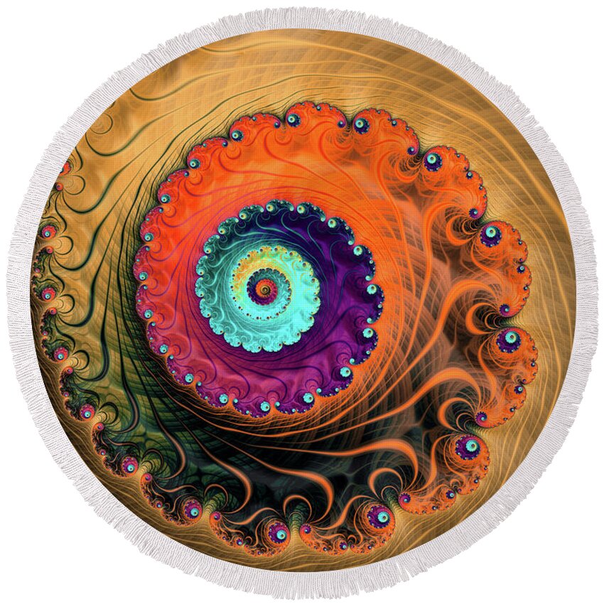 Spiral Round Beach Towel featuring the digital art Fractal spiral orange red purple beige brown by Matthias Hauser
