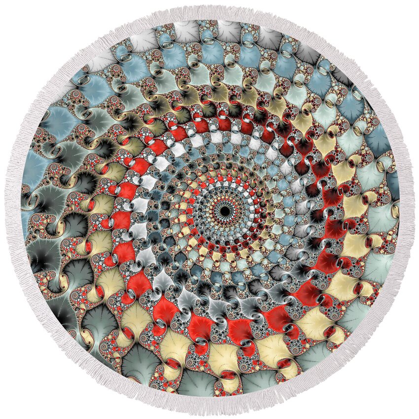 Spiral Round Beach Towel featuring the digital art Fractal spiral red grey light blue square format by Matthias Hauser