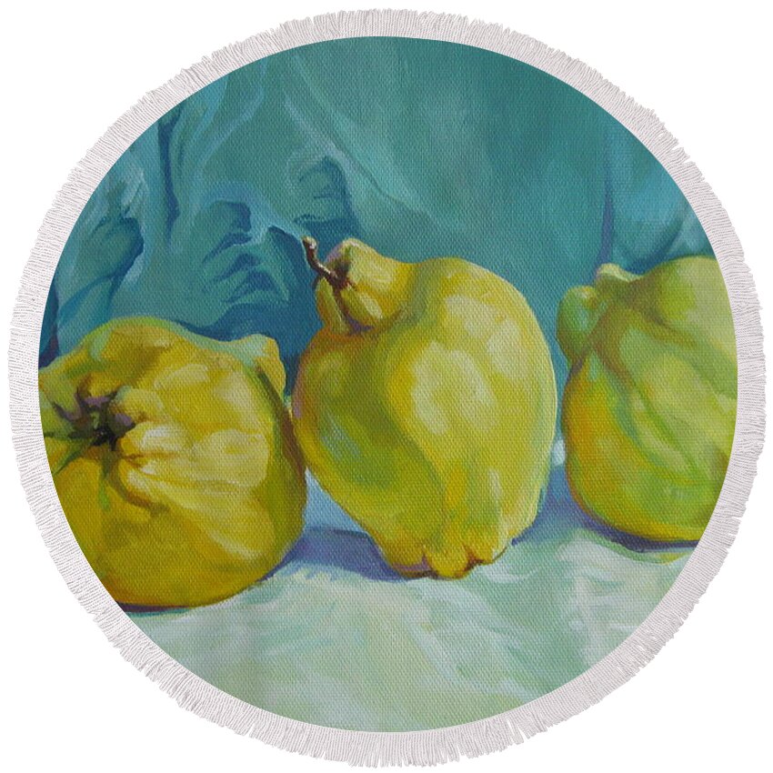 Quince Round Beach Towel featuring the painting Fragrance of autumn by Elena Oleniuc