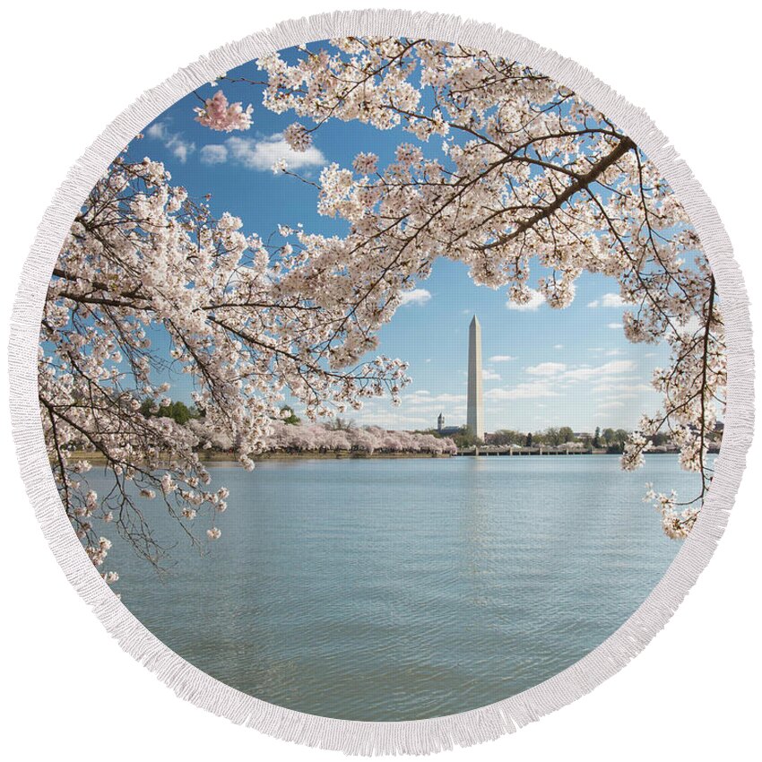 Cherry Blossom Festival Round Beach Towel featuring the photograph Framed by cherry blossoms by Agnes Caruso
